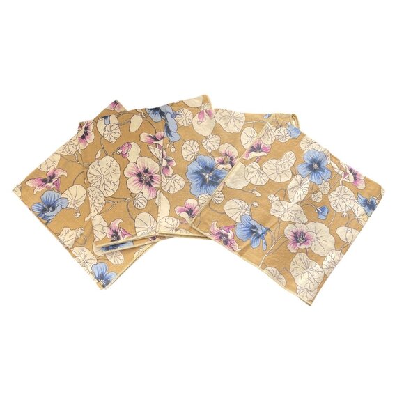 4 Floral Napkin Set Cloth VTG Tan Purple Blue READ 15" X 16" UPCYCLE Craft - Picture 1 of 9